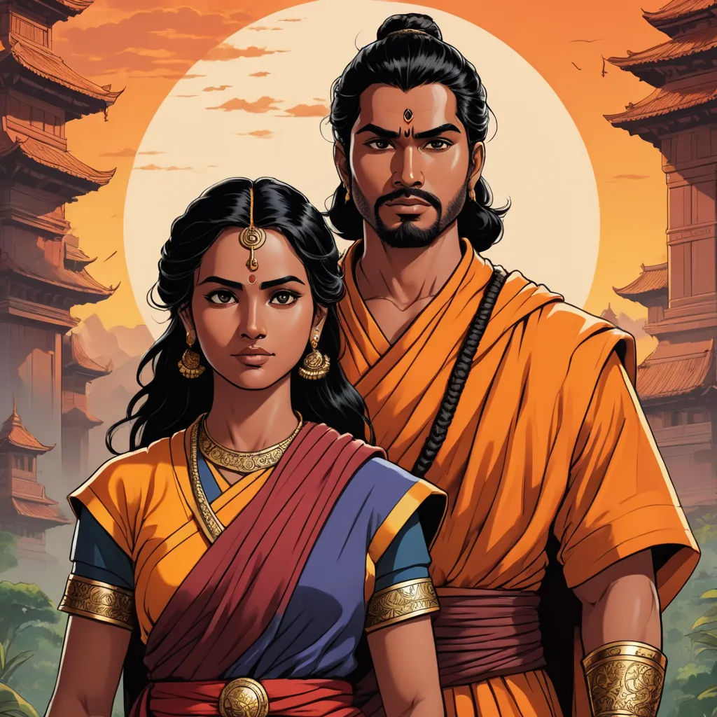 a man and woman in ancient clothing standing in front of a sunset with a temple in the background and a full moon in the sky, samikshavad, a comic book panel, Bholekar Srihari, comic cover art