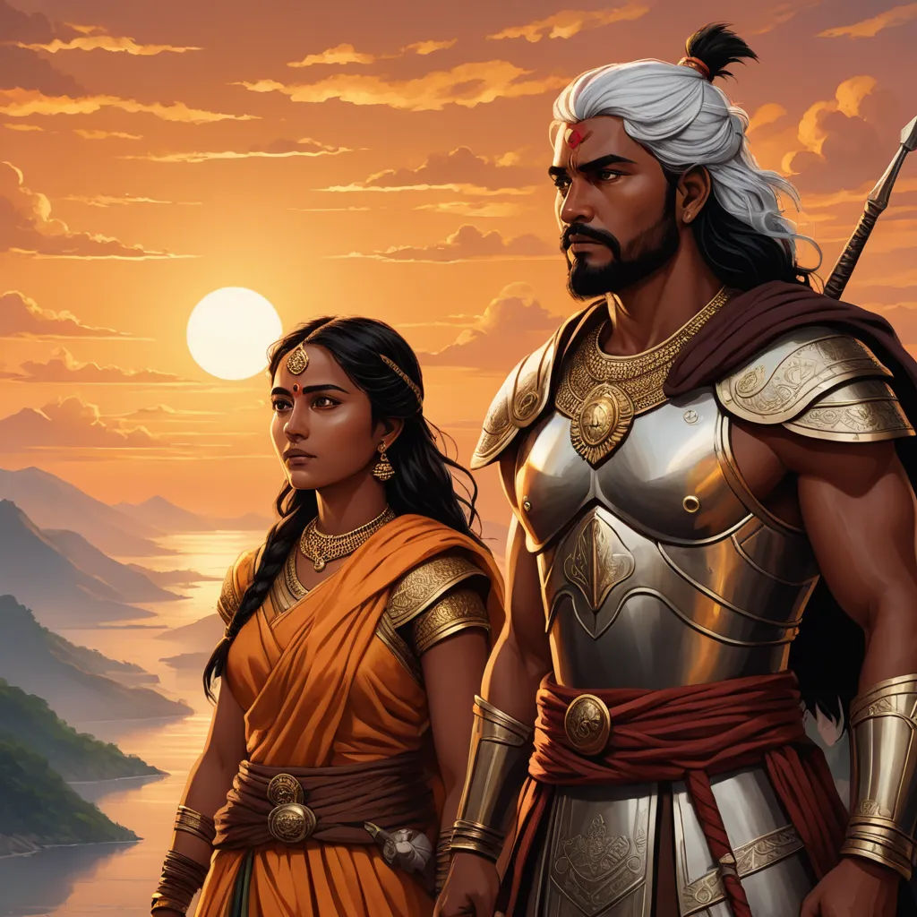 a man and woman dressed in ancient greek costumes standing next to each other in front of a sunset with a mountain in the background, samikshavad, a detailed painting, Christophe Vacher, graphic novel
