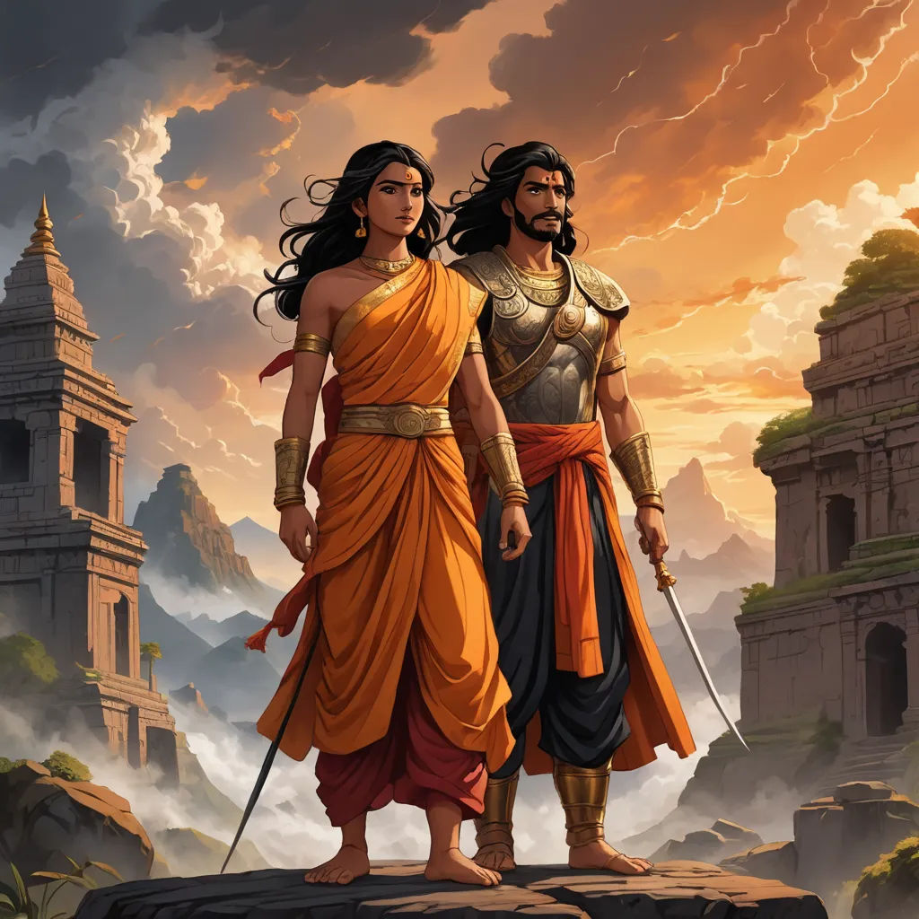 a painting of two men standing on a cliff with a sky background and clouds in the background, one of them holding a sword, fantasy art, a detailed matte painting, Christophe Vacher, official art