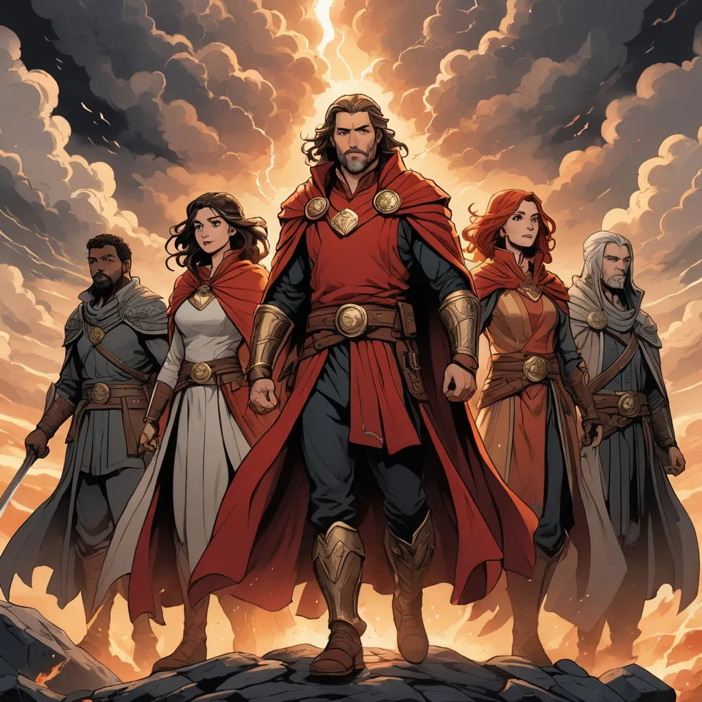 a group of people standing on top of a rock under a cloudy sky with a sun in the background, incoherents, a comic book panel, Christophe Vacher, official art