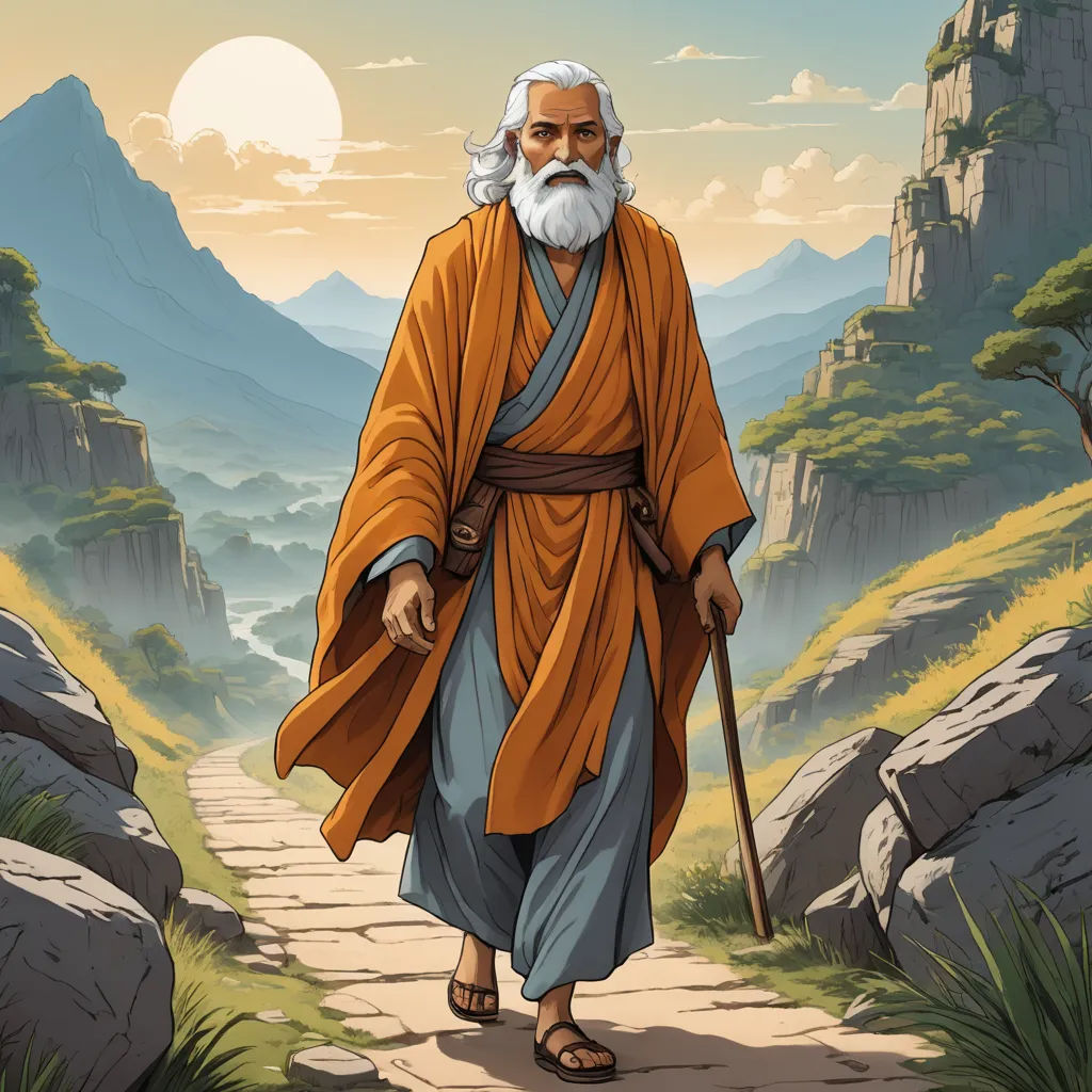 a man with a long beard and a long white beard is walking down a path with a stick in his hand, rayonism, a detailed matte painting, Christophe Vacher, 2 d game art