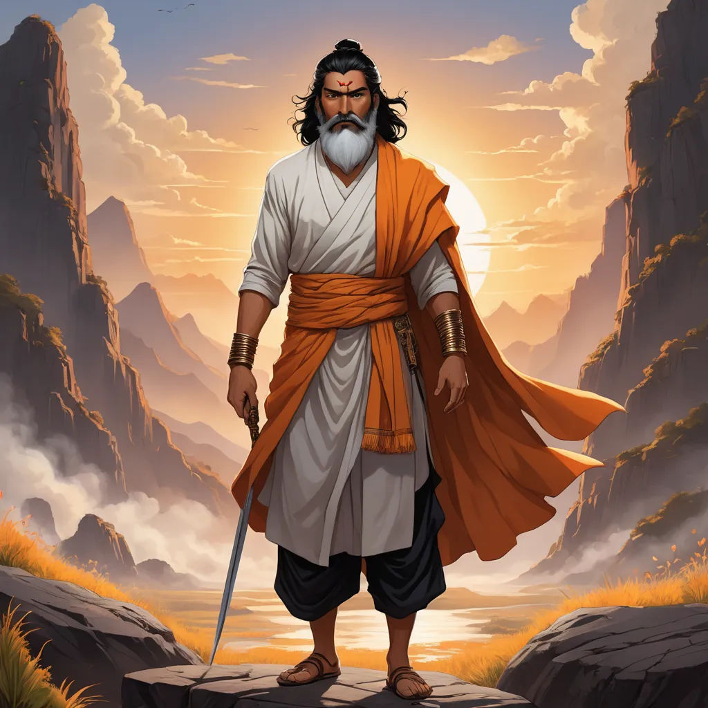 a man with a beard and a beard standing on a rock with a sword in his hand and a mountain in the background, samikshavad, a character portrait, Bholekar Srihari, epic fantasy character art