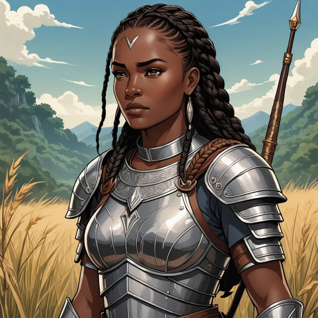 a woman in a armor holding a sword in a field of wheat with a mountain in the background and clouds in the sky, fantasy art, a character portrait, Chinwe Chukwuogo-Roy, epic fantasy character art