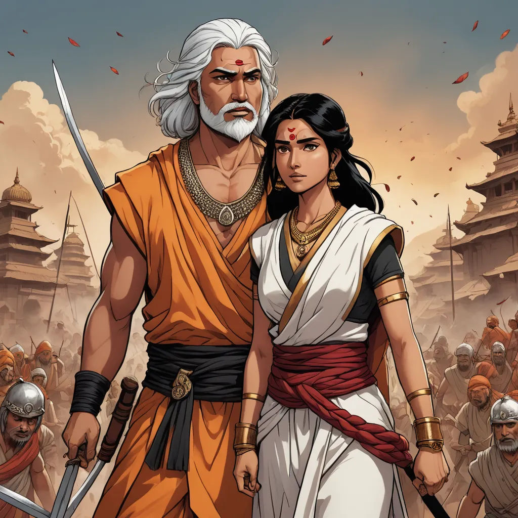 a man and woman standing next to each other in front of a crowd of people with swords in their hands, samikshavad, a comic book panel, Anthony Devas, comic cover art