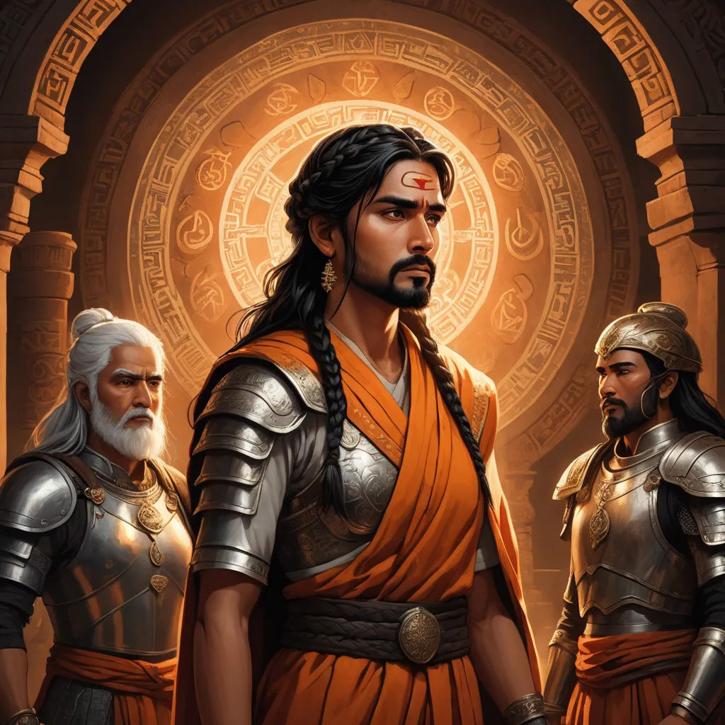 a painting of a man in a roman costume with two other men in front of a sun circle in the background, fantasy art, a detailed painting, Bholekar Srihari, epic fantasy character art