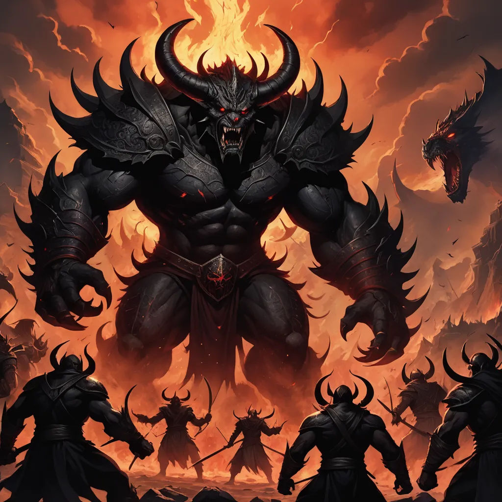 a demonic demon surrounded by other demonic creatures in a fiery sky with a demon demon on it's back, fantasy art, concept art, Art of Brom, magic the gathering artwork