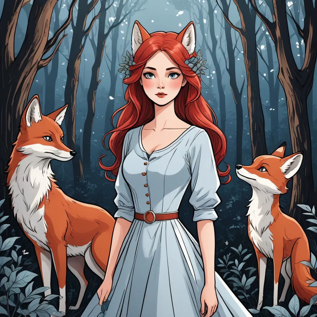 a woman in a dress standing next to a fox in a forest with trees and leaves on the ground, fantasy art, a character portrait, Anna Dittmann, comic cover art