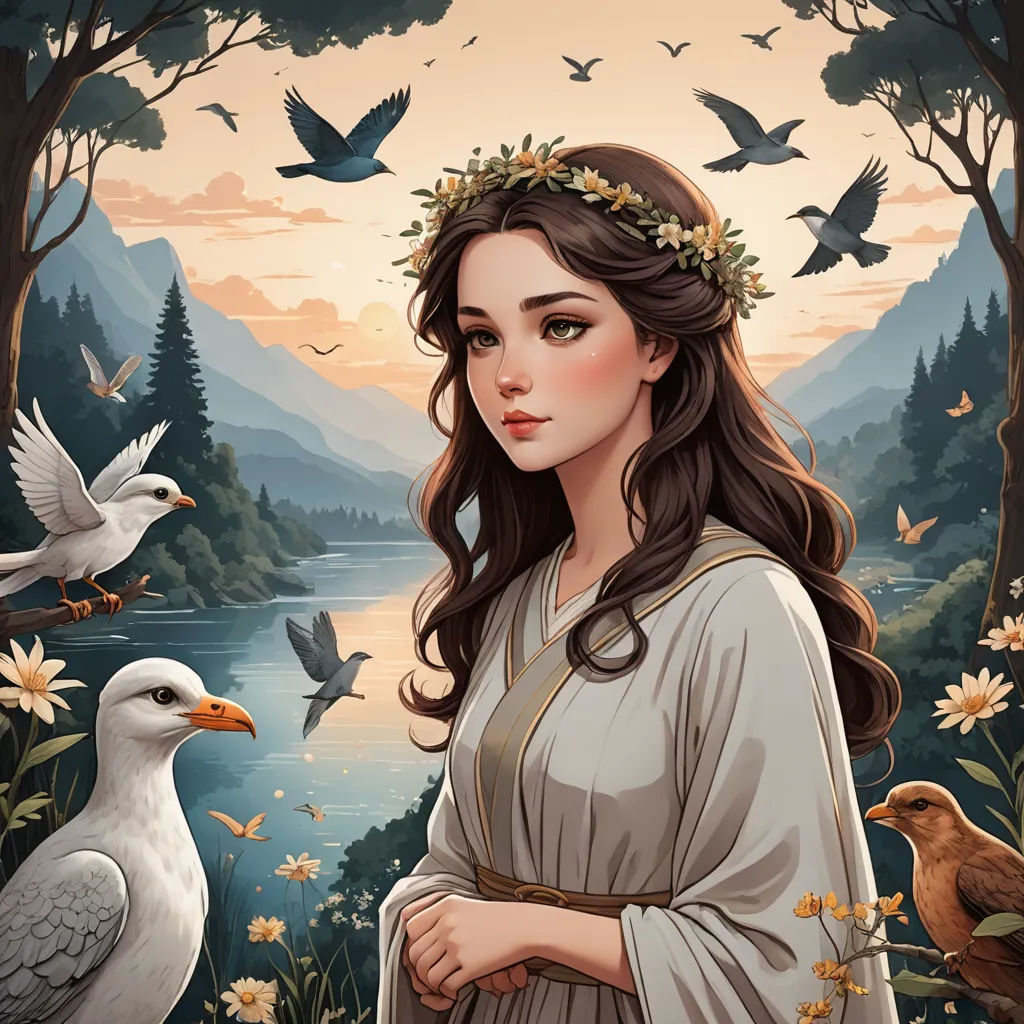 a painting of a woman with a bird in her hand and a bird on her shoulder, and a bird in her hand, fantasy art, a character portrait, Evaline Ness, beautiful detailed