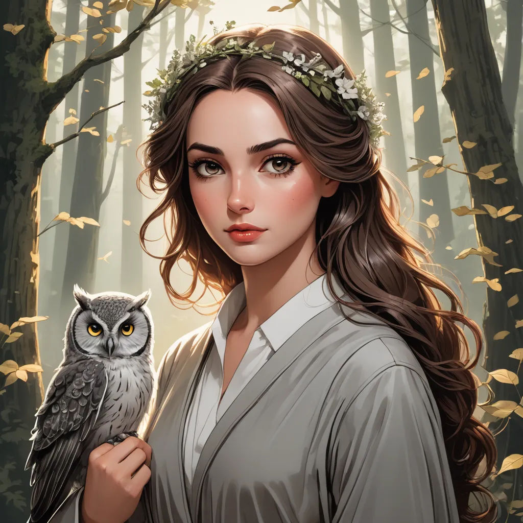 a woman holding an owl in a forest with leaves on her head and a wreath on her head,, fantasy art, a detailed painting, Charlie Bowater, trending on art station
