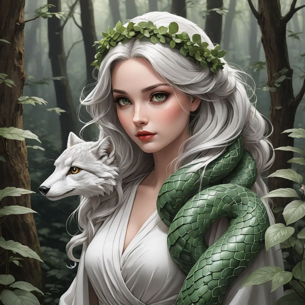a woman with a white hair and a green snake wrapped around her neck in a forest with trees and leaves, fantasy art, a detailed painting, Charlie Bowater, highly detailed digital painting