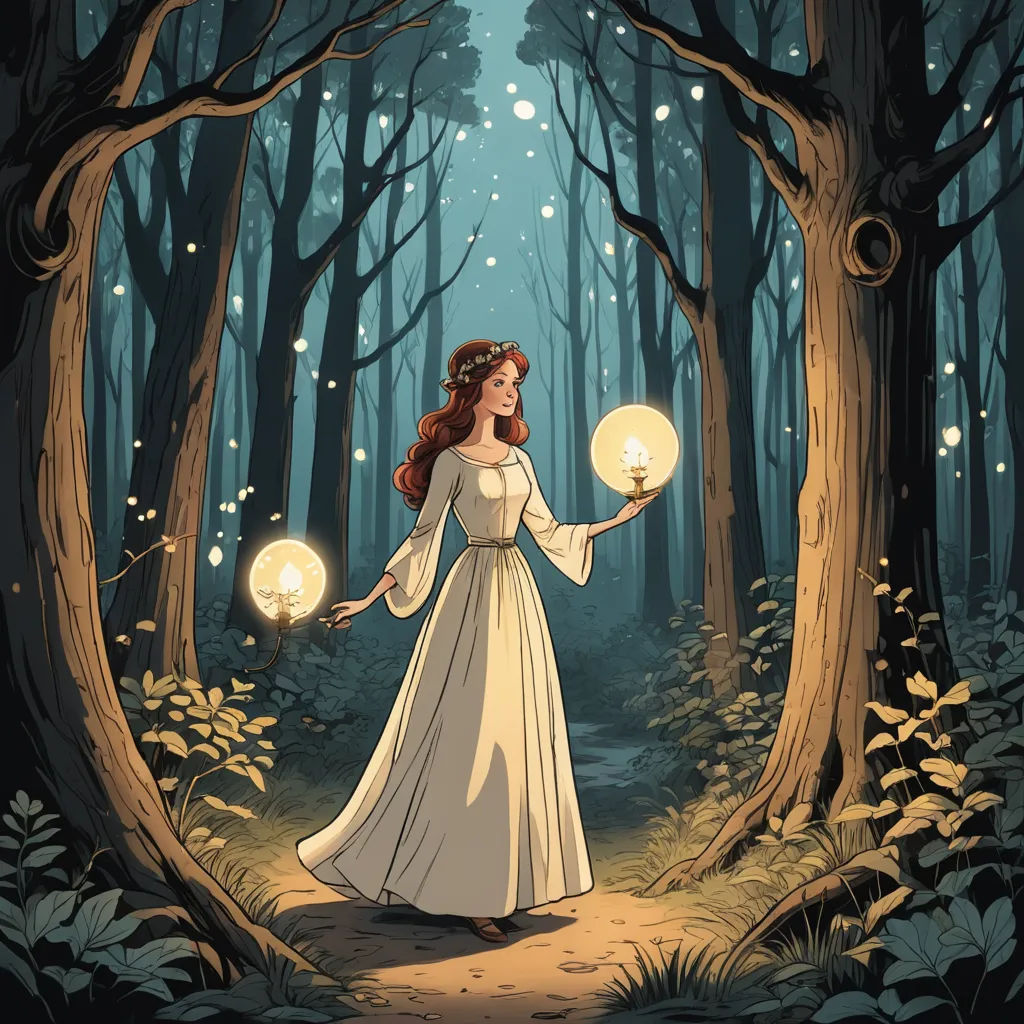 a woman in a white dress holding two lights in a forest with trees and grass on either side of her, fantasy art, a storybook illustration, Elinor Proby Adams, storybook illustration