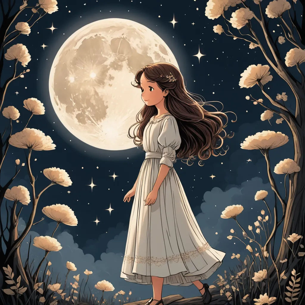 a girl in a white dress standing in front of a full moon with trees and flowers around her and a full moon behind her, fantasy art, a storybook illustration, Alice Prin, moon