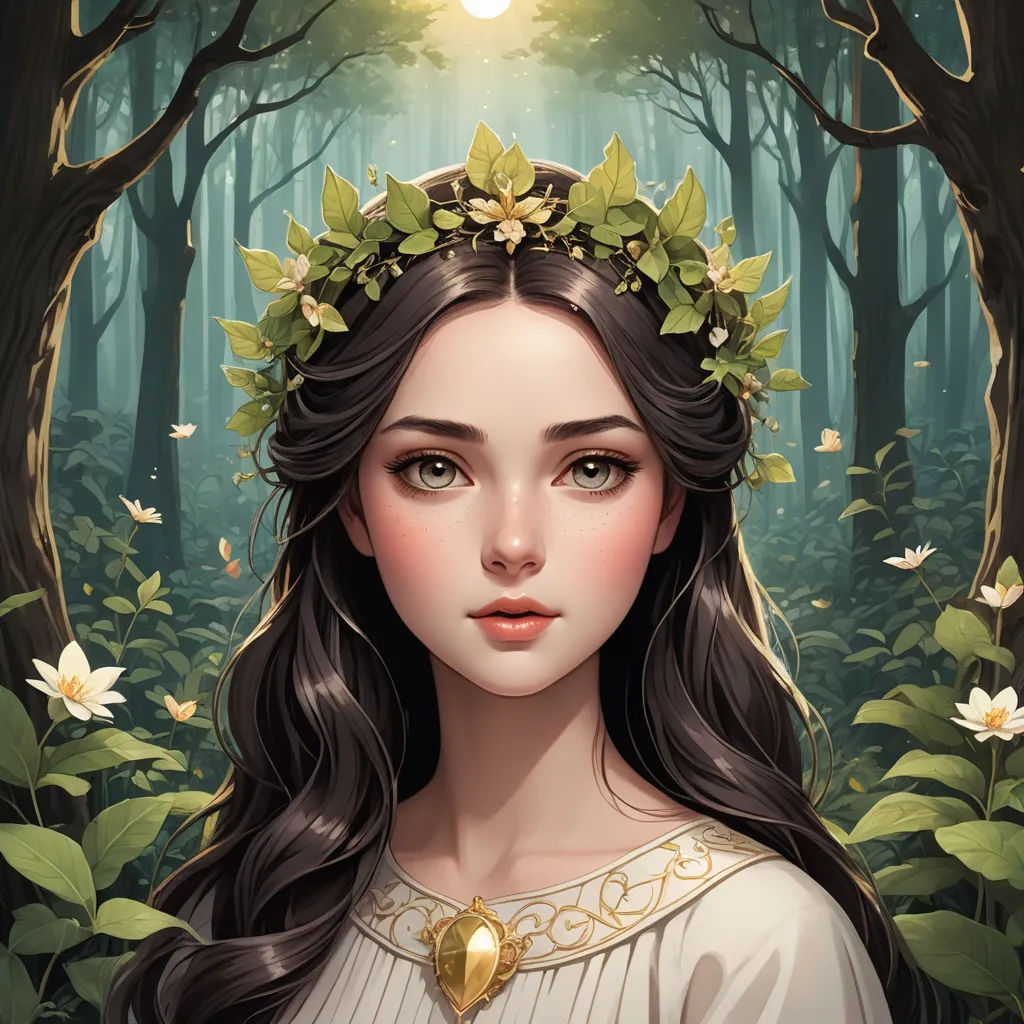 a girl with a wreath on her head in a forest with flowers and butterflies around her head, looking at the camera, fantasy art, a character portrait, Anne Stokes, trending on art station