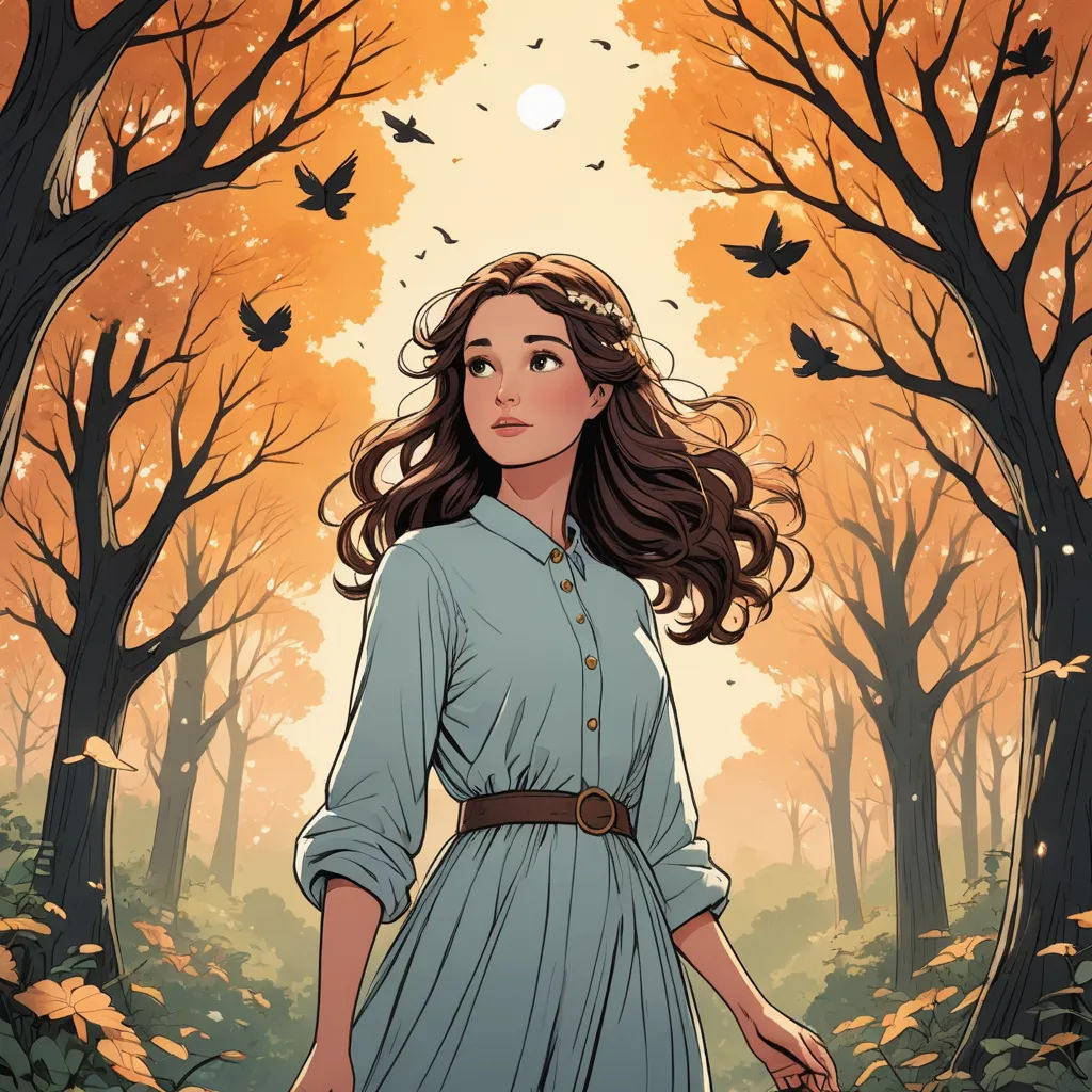 a woman in a blue dress is walking through a forest with trees and birds flying overhead and a sun shining through the trees, fantasy art, a storybook illustration, Clarice Beckett, comic cover art