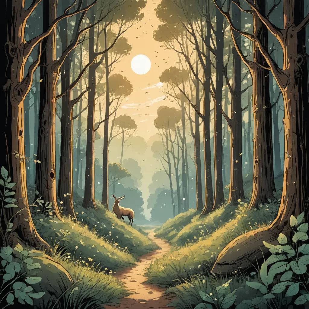 a painting of a forest with a deer in the middle of it and a sun in the background with trees, fantasy art, a storybook illustration, Dan Mumford, storybook illustration