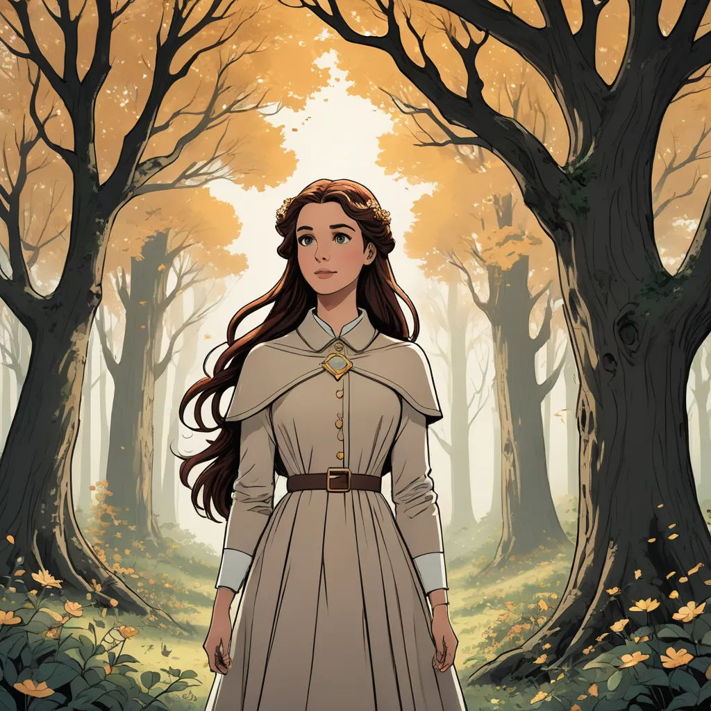 a woman in a dress standing in a forest with trees and leaves on the ground and a yellow sky, sots art, a character portrait, Clarice Beckett, official art