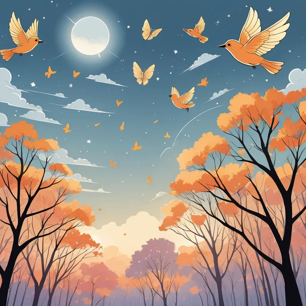 a painting of a forest with trees and birds flying in the sky above it and a full moon in the sky, fantasy art, a storybook illustration, Chris LaBrooy, birds
