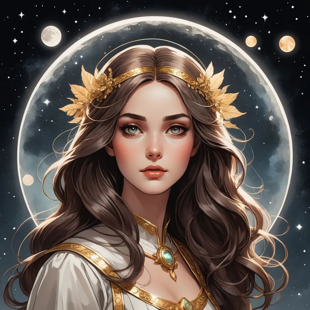 a woman with long hair wearing a crown and a dress with gold leaves on her head, standing in front of a full moon, fantasy art, a detailed painting, Charlie Bowater, trending on art station
