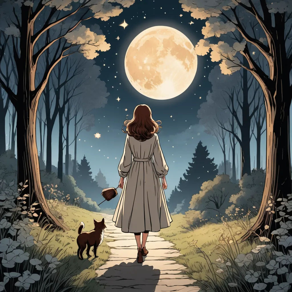 a woman walking down a path towards a full moon with a dog nearby on a path that leads to a forest, fantasy art, a storybook illustration, Atey Ghailan, comic cover art