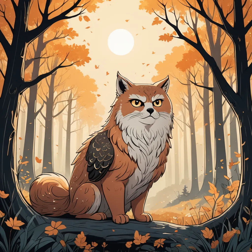 a fox sitting on a log in a forest with leaves around it and a sun in the background with a forest scene, sots art, a storybook illustration, Dan Mumford, rossdraws global illumination