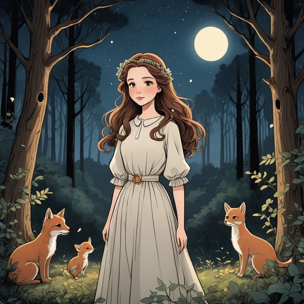 a woman in a dress standing in the woods with two foxes behind her and a full moon in the sky, fantasy art, a character portrait, Anne Said, character portrait