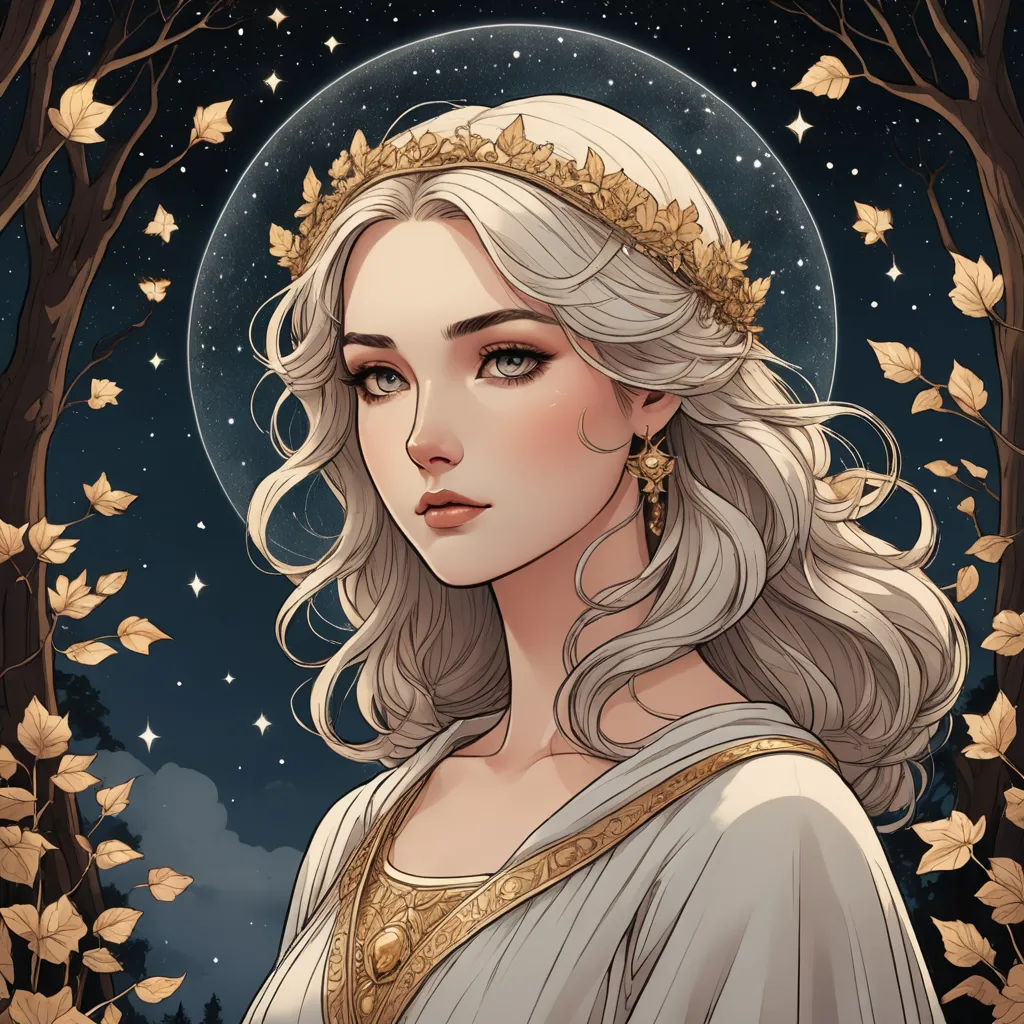 a woman with a crown on her head and a night sky behind her is a tree with leaves and a moon, fantasy art, a character portrait, Charlie Bowater, trending on art station