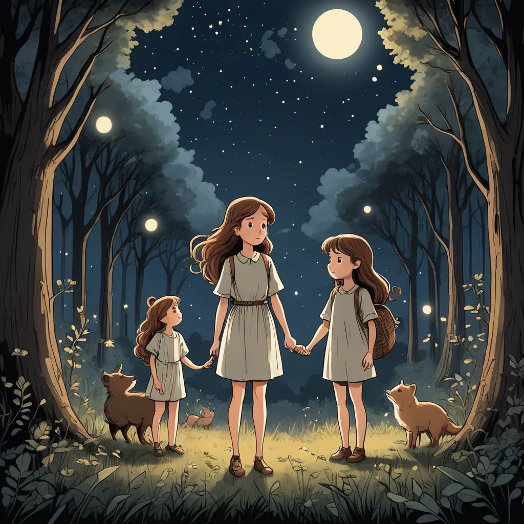 two girls holding hands in a forest at night with a full moon in the sky above them and a dog on the ground, magical realism, a storybook illustration, Atey Ghailan, storybook illustration