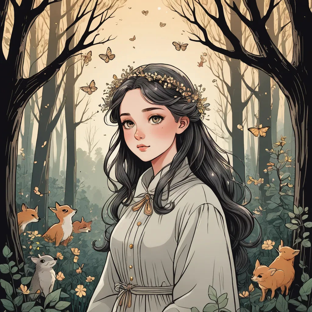 a woman in a forest with a crown on her head and a fox in the background, surrounded by trees, fantasy art, a character portrait, Evaline Ness, trending on art station