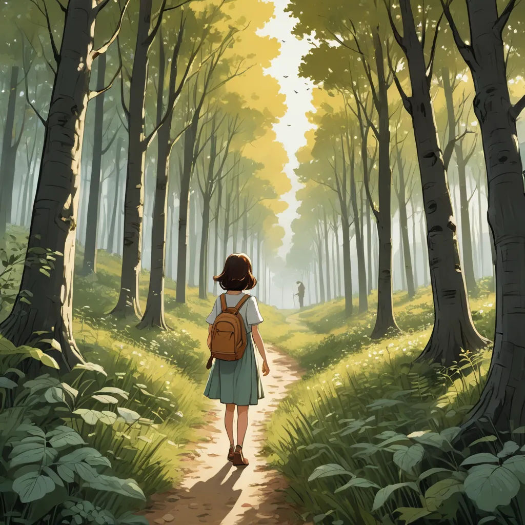 a girl walking down a path in a forest with a backpack on her back and a man in the distance, magical realism, a storybook illustration, Atey Ghailan, ghibli