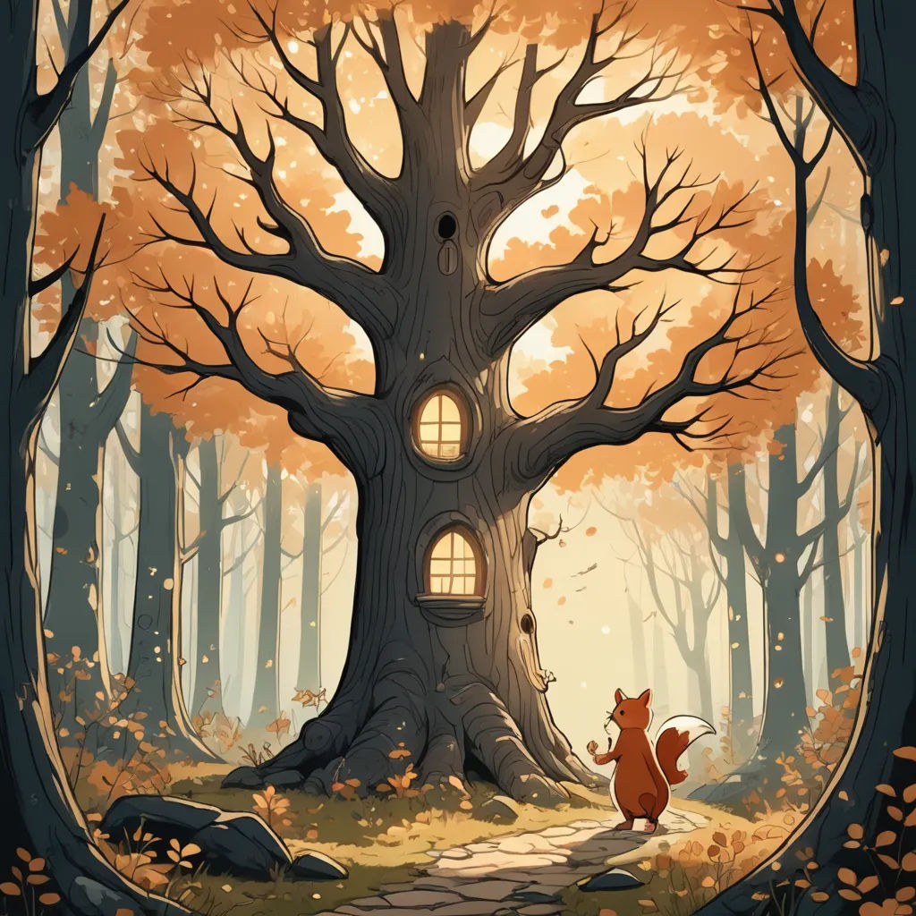 a cartoon of a tree with a house in it's trunk and a squirrel in the foreground, fantasy art, a storybook illustration, Chris LaBrooy, storybook illustration
