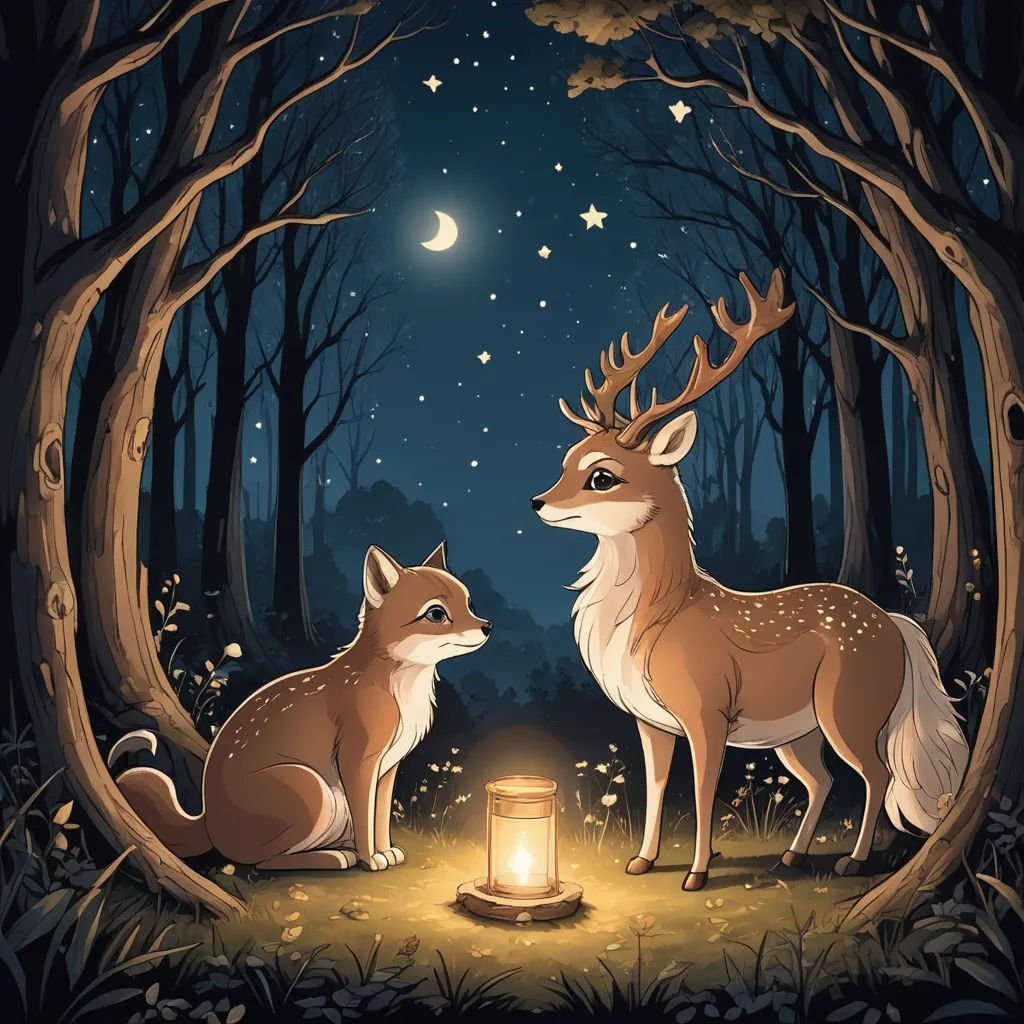 two deers are sitting in the woods at night with a lantern in their hands and a full moon in the sky, fantasy art, a storybook illustration, Anato Finnstark, magical atmosphere