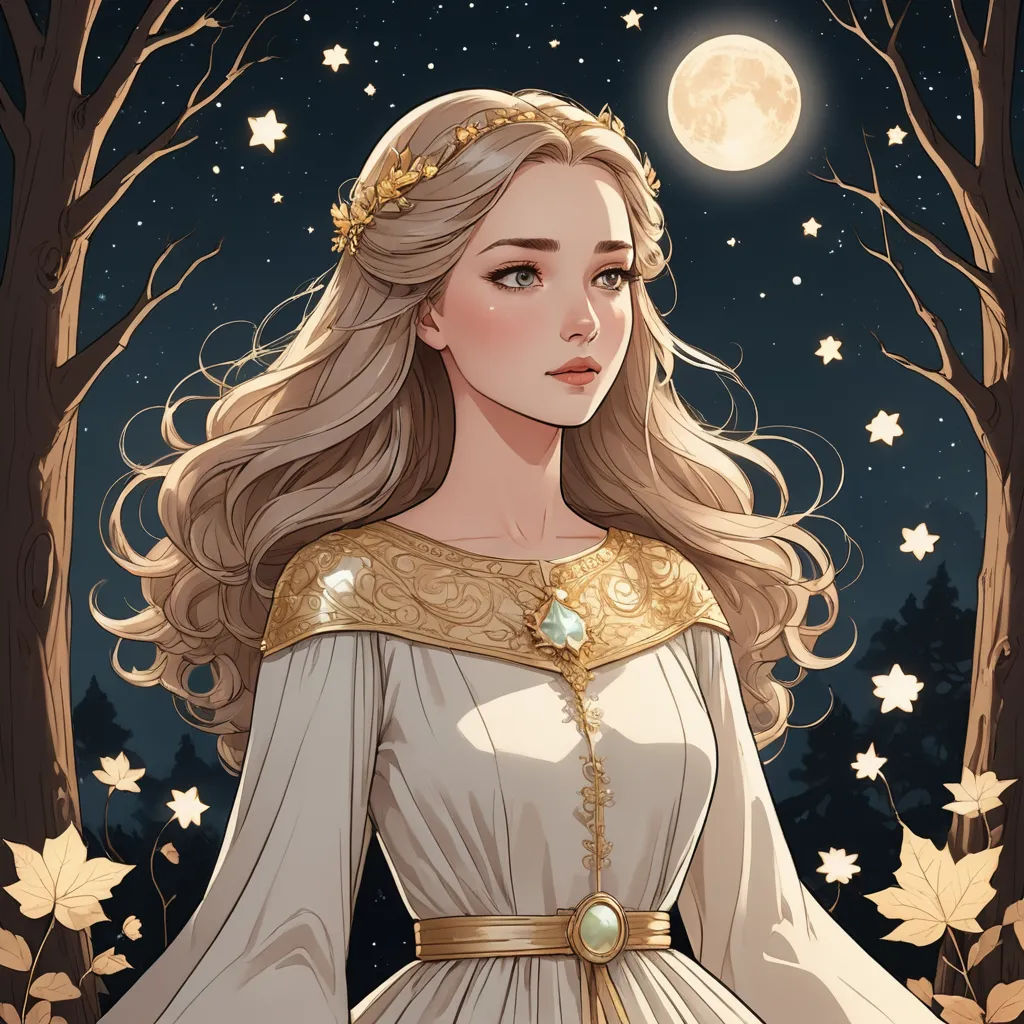 a woman in a white dress standing in front of a tree with stars and a full moon in the background, fantasy art, a character portrait, Charlie Bowater, trending on art station