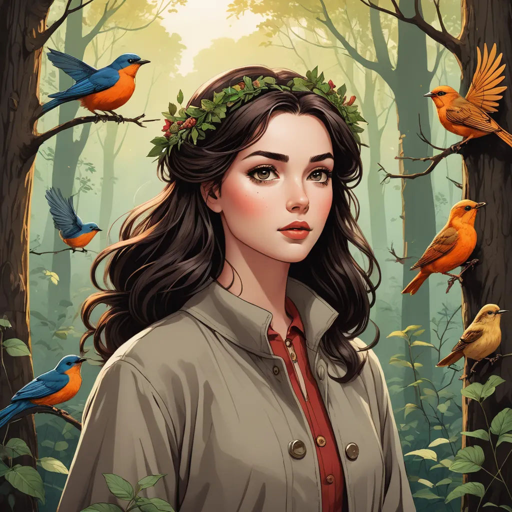 a woman with a wreath of birds on her head standing in a forest with trees and birds around her, fantasy art, a character portrait, Charlie Bowater, highly detailed digital painting