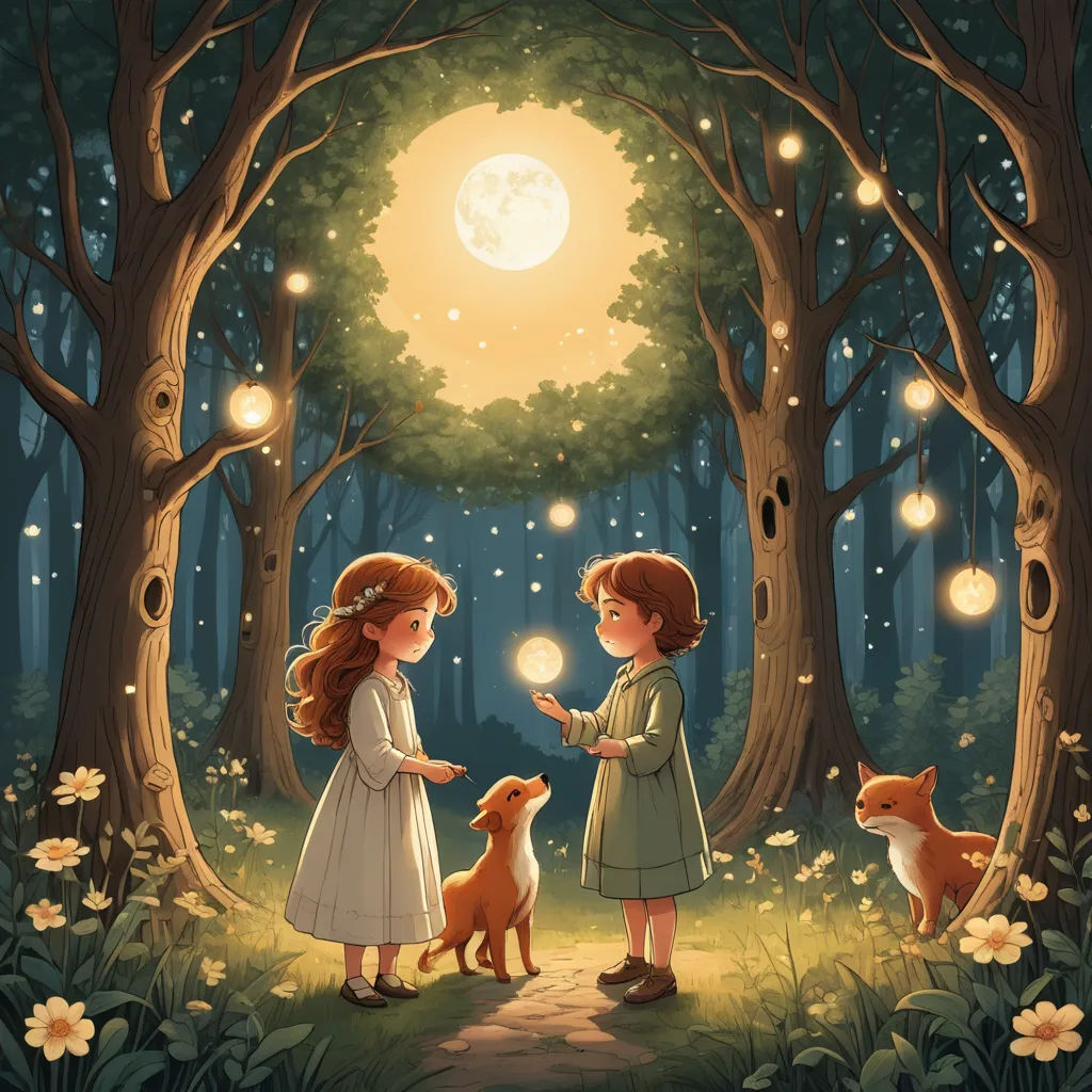 two little girls standing in the woods with a dog and a lantern in their hands, looking at the moon, fantasy art, a storybook illustration, Diego Gisbert Llorens, storybook illustration