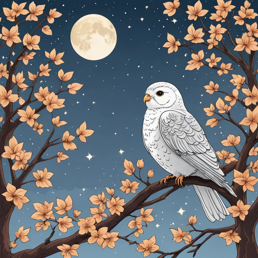 a bird sitting on a branch of a tree with flowers and a full moon in the background with stars and a sky with stars, fantasy art, a storybook illustration, Elinor Proby Adams, detailed illustration