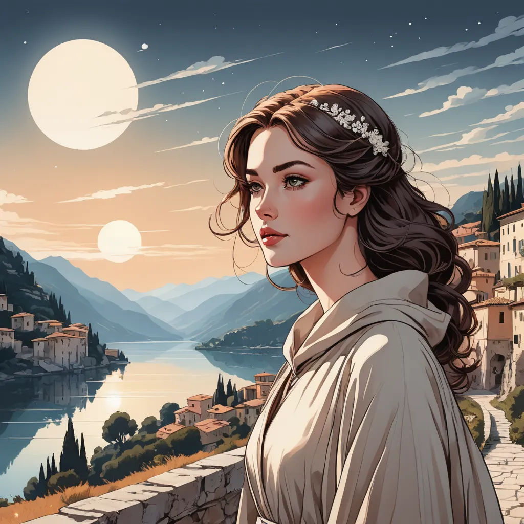 a woman in a dress standing next to a river and a town with a full moon in the sky, fantasy art, an ultrafine detailed painting, Charlie Bowater, trending on art station