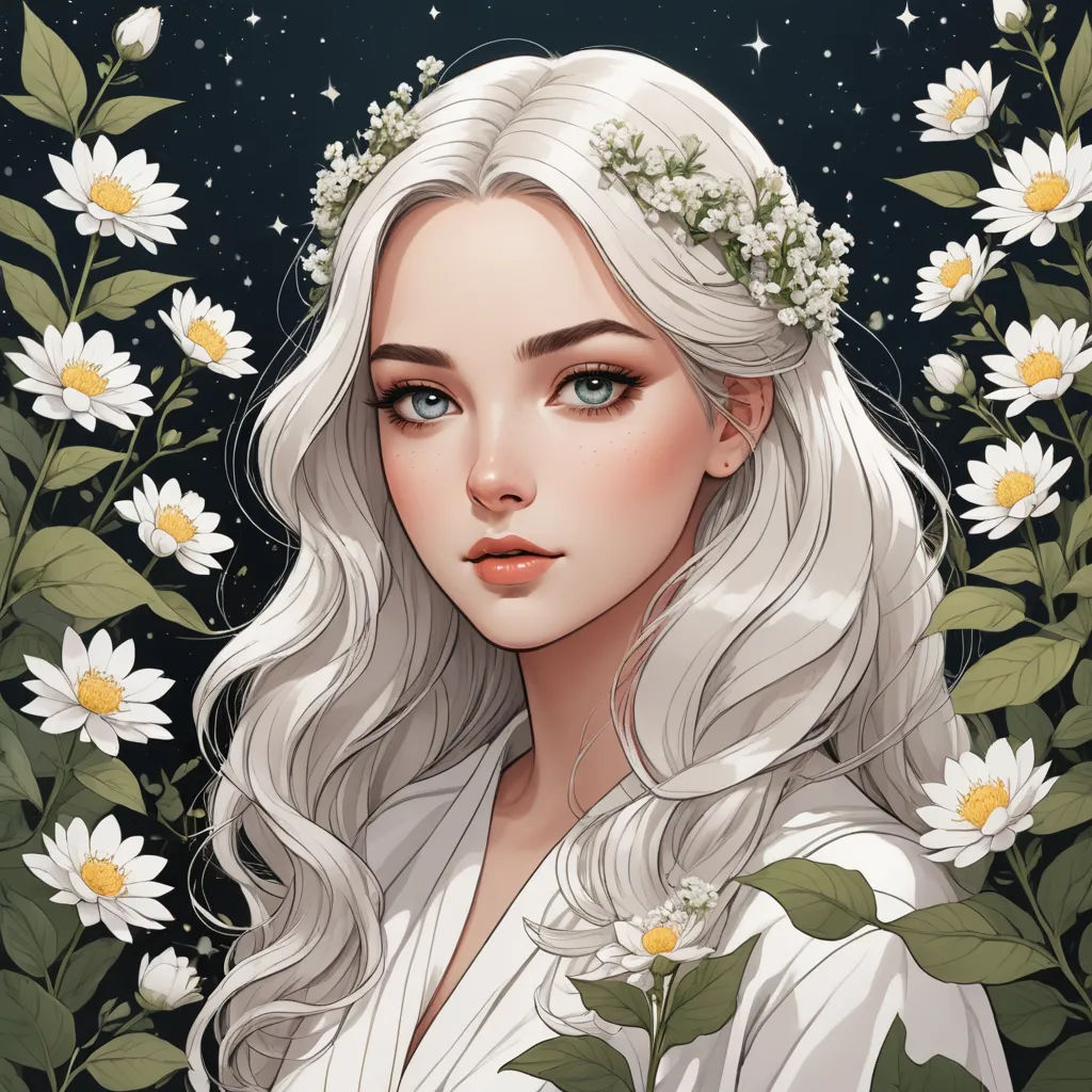 a woman with long white hair and a wreath of flowers in her hair, standing in a field of daisies, fantasy art, a character portrait, Charlie Bowater, fantasy character portrait