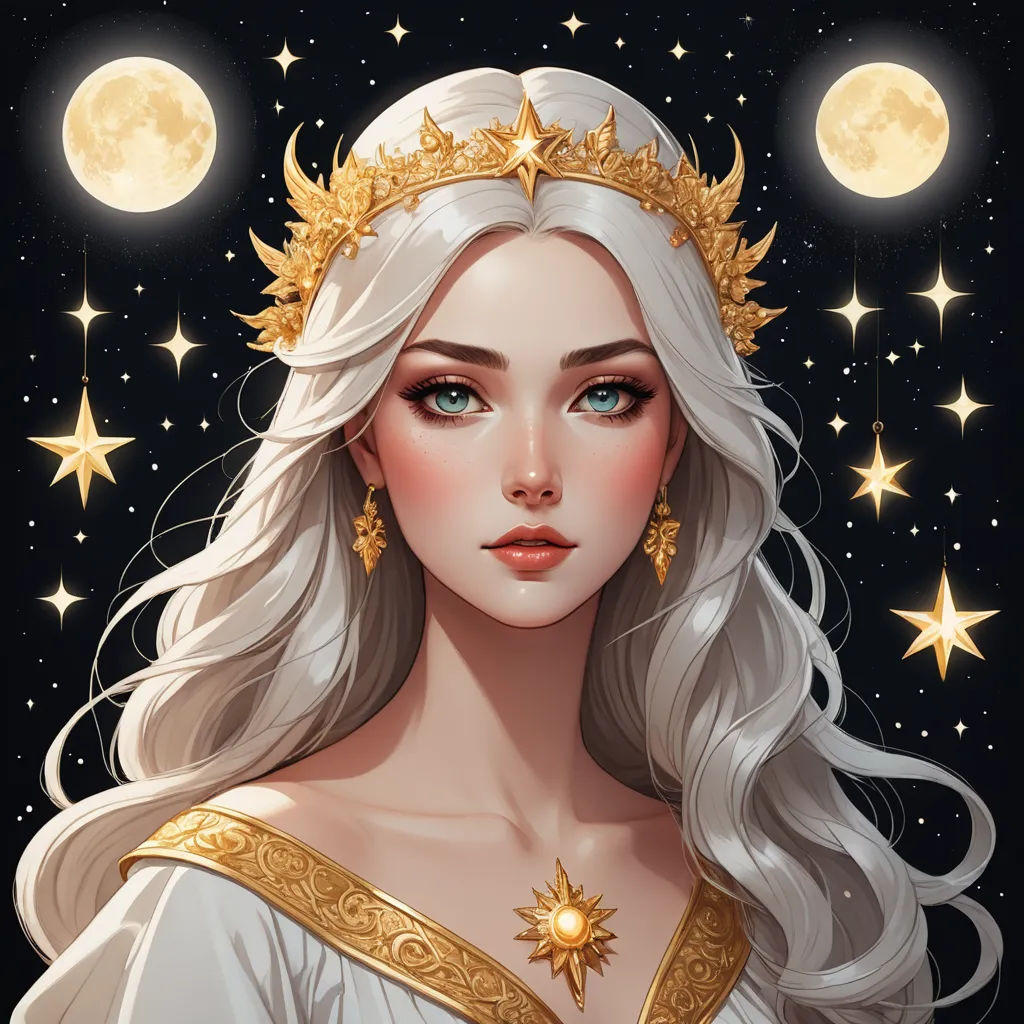 a woman with long white hair wearing a tiara and a golden crown with stars around her head and a moon in the background, fantasy art, a character portrait, Charlie Bowater, trending on art station
