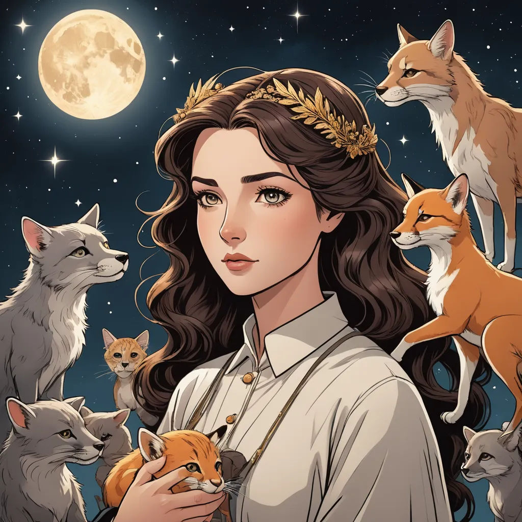 a woman with a crown on her head surrounded by foxes and a full moon in the background with stars, furry art, a character portrait, Anna Dittmann, comic cover art