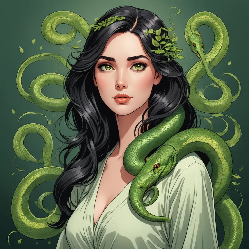 a woman with a green snake on her shoulder and a green snake on her shoulder, with a green background, fantasy art, a character portrait, Charlie Bowater, highly detailed digital painting