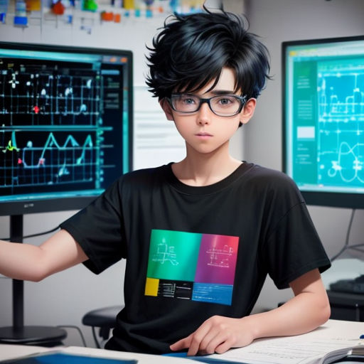 a young boy wearing glasses sitting in front of two computer monitors with graphs on them and a book in front of him