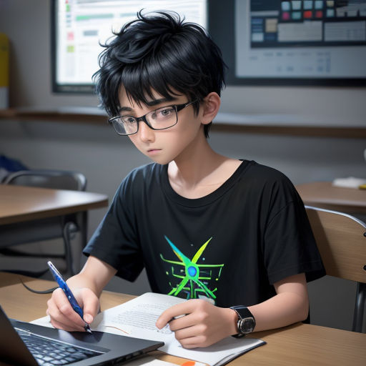 a young boy is sitting at a desk with a laptop and a notebook in front of him, while he is writing