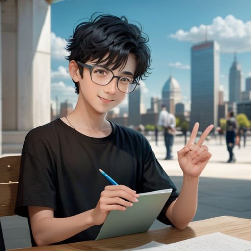 a boy sitting at a table with a pen and paper in his hand and a notebook in front of him