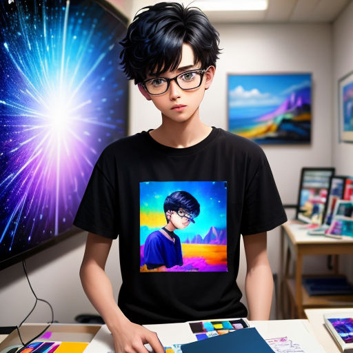 a boy with glasses is standing in front of a painting of a boy with glasses and a t - shirt