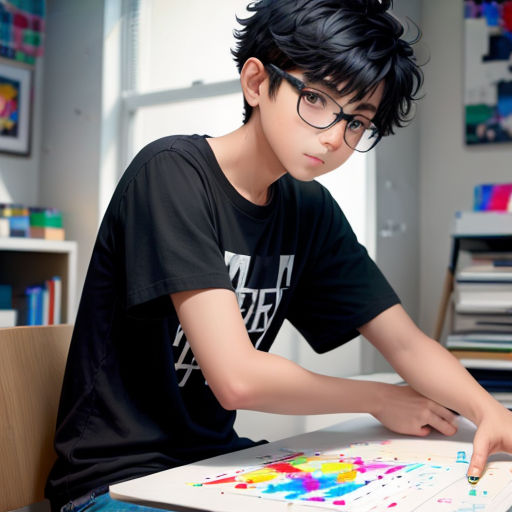 a boy with glasses is sitting at a table with a painting on it and a pen in his hand