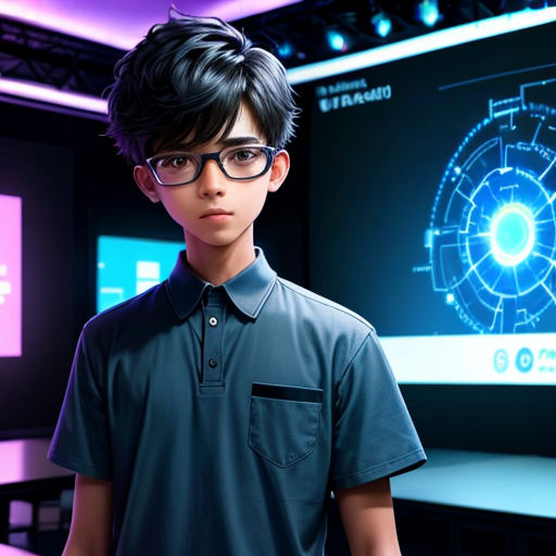a boy in glasses standing in front of a computer screen with a futuristic eyeball on it's screen