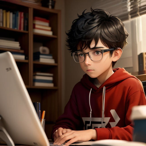 a boy in glasses is using a laptop computer in a room with books and a bookcase on the wall