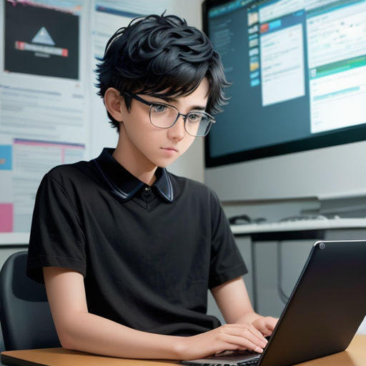 a young boy wearing glasses using a laptop computer in front of a monitor screen in a classroom setting with a computer screen behind him