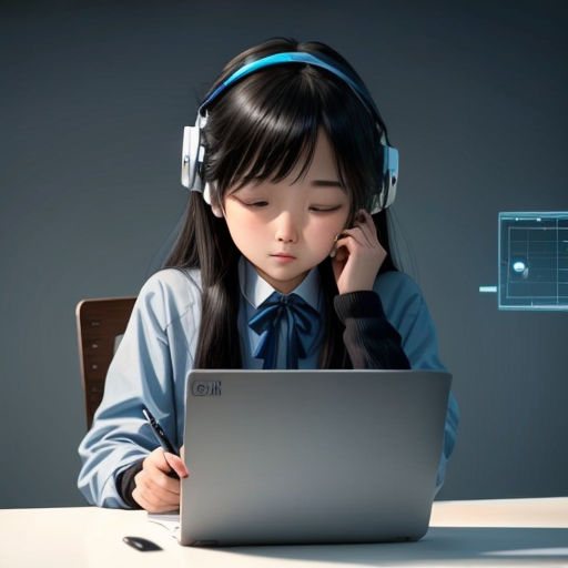 a girl wearing headphones is using a laptop computer and listening to headphones on her ears and looking at the screen