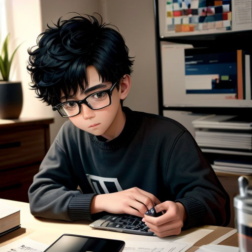 a boy with glasses is using a calculator and a cell phone at a desk with a laptop